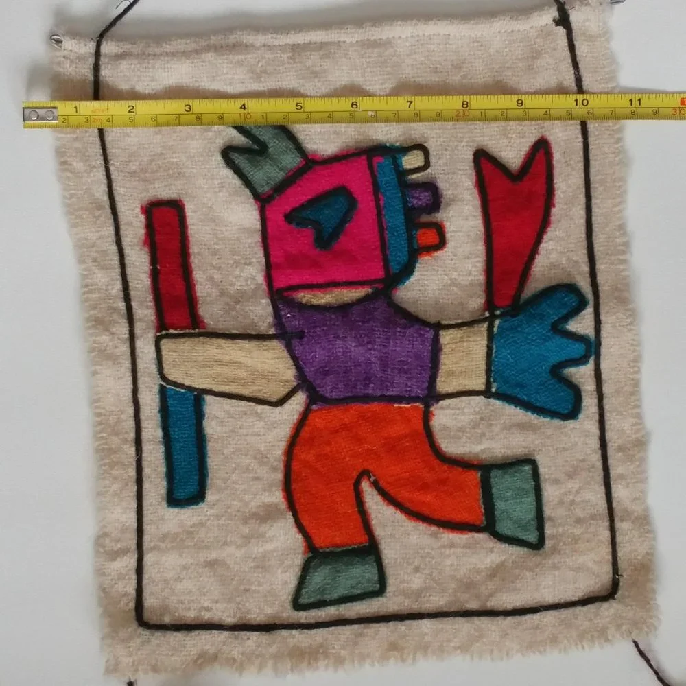 VINTAGE BOLIVIAN WOOL APPLIQUE BOHO WOVEN WOOL KOKOPELLI WALL HANGING